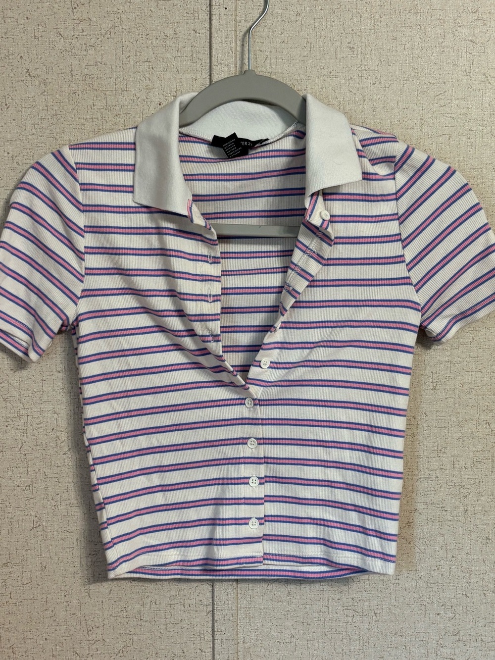 Forever 21 White Cropped Polo with Pink & Purple Stripes small
